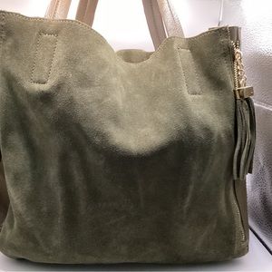 Unique Olive Green Leather and Suede Tote